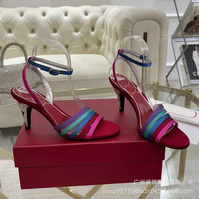 High-Quality 2025 Summer New Rainbow Color-Blocking Pu Leather Rhinestone Ankle Strap High Heels Women's Wine High-Heeled Sandals