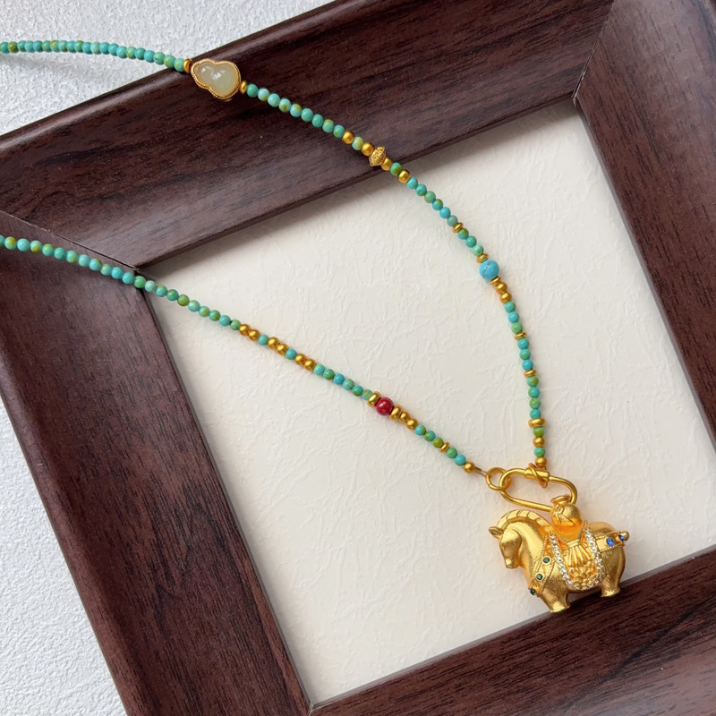 Turquoise Beaded Pony Pendant Necklace for Women, Summer Accessory, Sweater Chain, Light Luxury, High-End Niche Retro Jewelry Turquoise Beaded Pony Pendant Necklace for Women, Summer Accessory, Sweater Chain, Light Luxury, High-End Niche Retro Jewelry