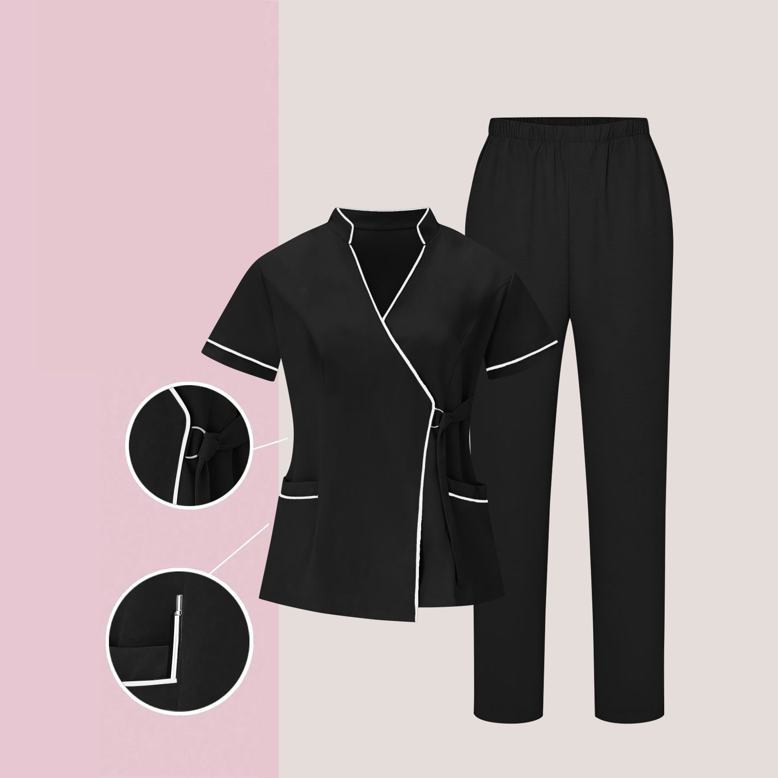 2026 Cross-Border Foreign Trade Aliexpress Exclusive New Color-Blocking Half-Sleeve Stand-Collar Tie Pocket Nurse and Caregiver Uniform Set