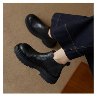 Martin Slip-on Ankle Boots Round Toe Chelsea Autumn and Winter New Retro British Style Ankle Bare Boots Thick Bottom Fashion