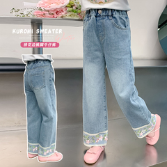 女童牛仔褲春秋款2024新款休閒小女孩春裝闊腿褲兒童春季國風褲子