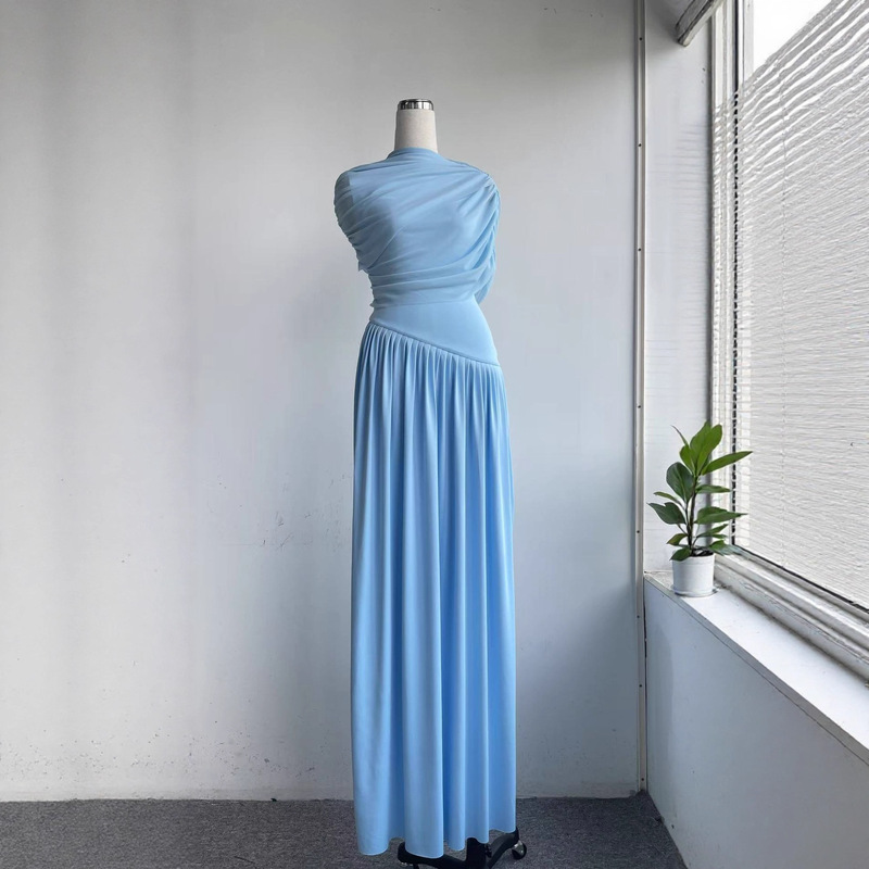 Spot Niche Design Elegant Waist Slimming Look Pleated Splicing Long Dress Blue Pleated Dress Gauze Skirt