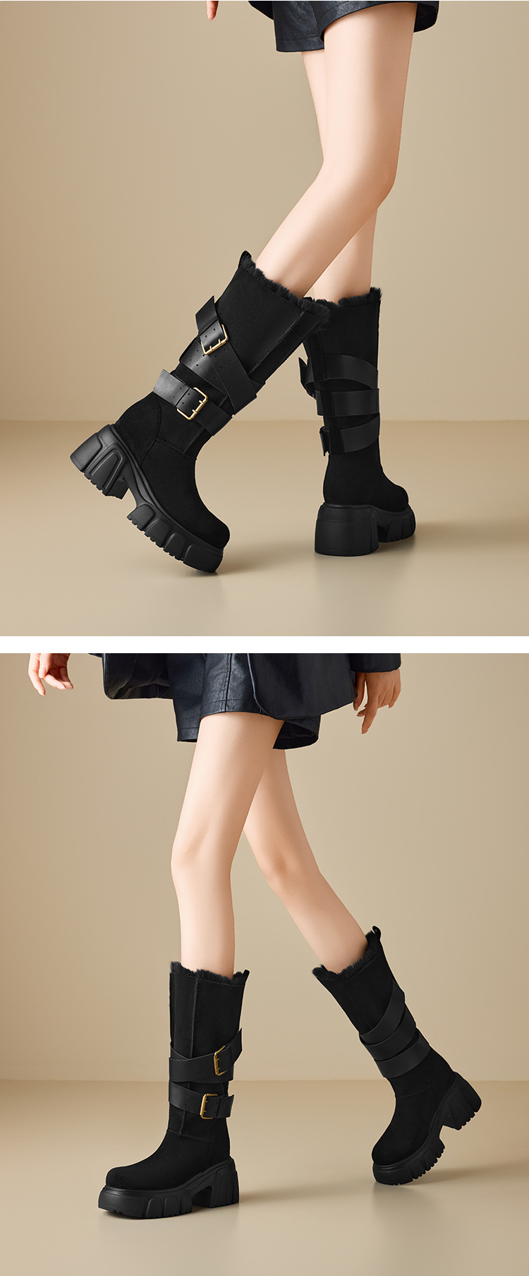 Boot nữ mùa đông kiểu Anh gót vuông 10cm khóa thắt lưng phong cách xe máy — nhung đen chi tiết 4