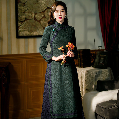 Modified cotton and linen robe aodai Dark gren Red Chinese Dress Qipao Cheongsam Dress for Women Girls long sleeve Chinese daily restore ancient ways young girl