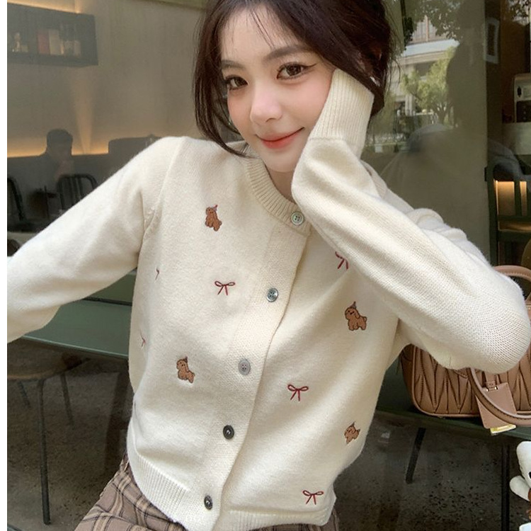 Gentle Bow Embroidery Sweet Sweater Knitted Cardigan Jacket Women's Design Versatile Short Top Autumn and Winter