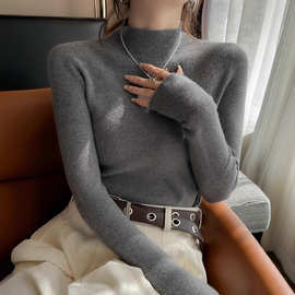 羊毛打底衫女秋冬新款内搭高级感灰色半高领毛衣中领针织上衣代发