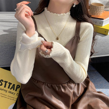 加绒加厚一体绒半高领毛衣女2025秋冬季内搭木耳边保暖打底衫上衣