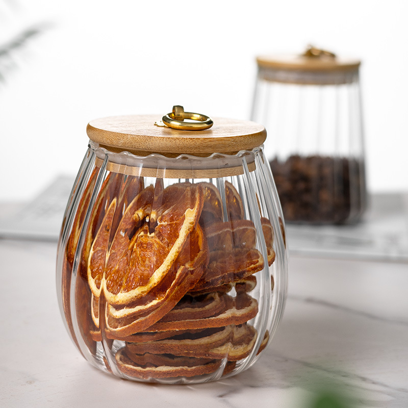 Vidrio sellado frasco vertical patrón de almacenamiento tarro de té diario hogar anillo de tracción cubierta de bambú tuerca tarro de almacenamiento de grado alimenticio