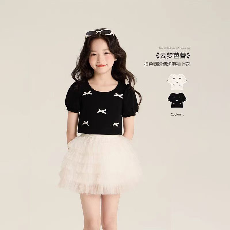 Girls T-Shirt Summer Suit 2025 New Versatile Comfortable Breathable Puff Sleeve Bow Skirt Two-Piece Set