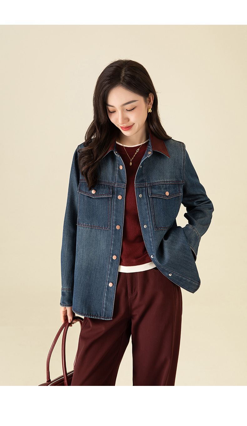 Áo sơ mi denim nữ phong cách retro Hàn Quốc lót lông cừu dày dặn, dáng rộng mặc nhiều lớp mùa đông — Màu xanh lam chi tiết 21