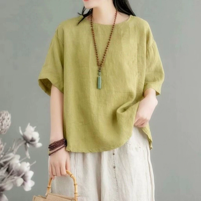 Литературная хлопковая и льняная повседневная женская летняя новая свободная повседневная футболка большого размера для мам с короткими рукавами в стиле ретро