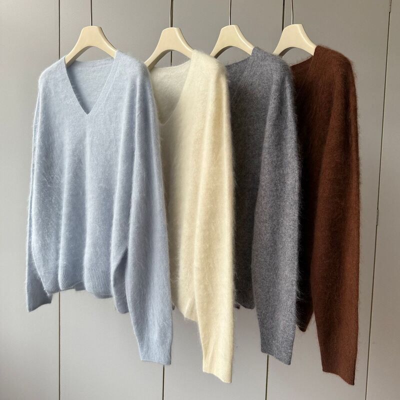 So Gentle, Seamless One Piece! Cashmere + Wool + Mulberry Silk V Neck Soft Loose Brushed Sweater for Women