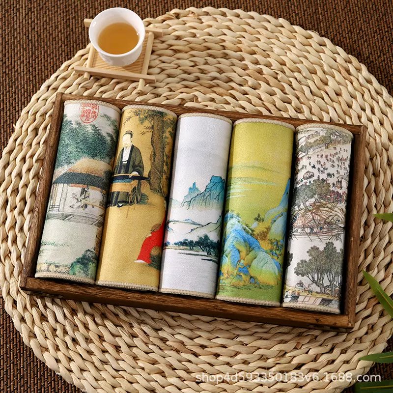 高档茶巾加大加厚麂皮绒彩绘茶巾清洁养壶复古餐桌茶台杯垫吸水