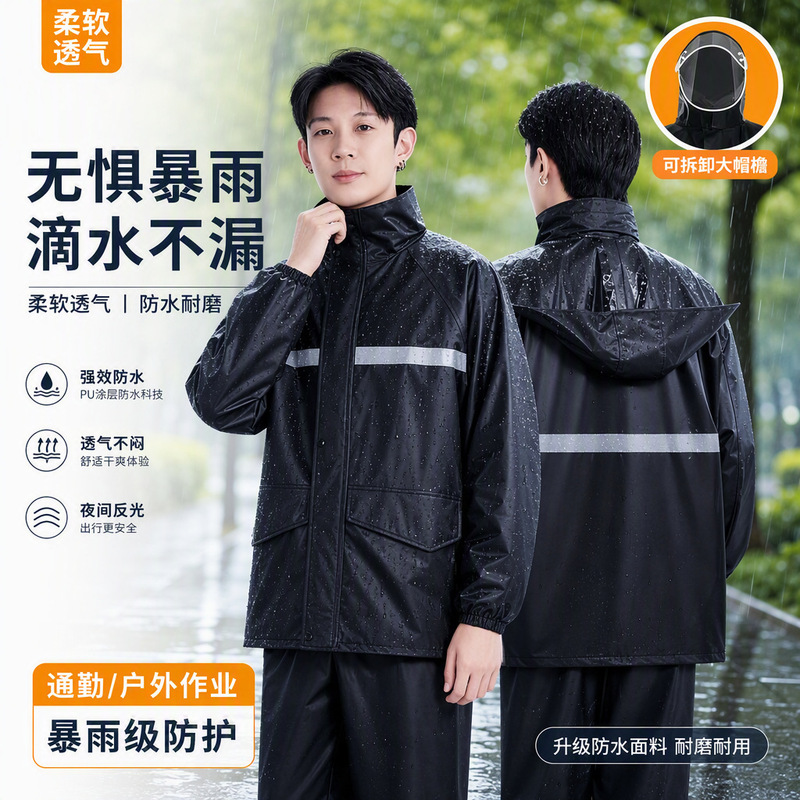 Raincoat and Rain Pants Set, Full-Body Storm Protection, Unisex, Double-Layer Reflective, for Cycling and Electric Vehicles, Wholesale, Two-Piece Set Raincoat and Rain Pants Set, Full-Body Storm Protection, Unisex, Double-Layer Reflective, for Cycling and Electric Vehicles, Wholesale, Two-Piece Set