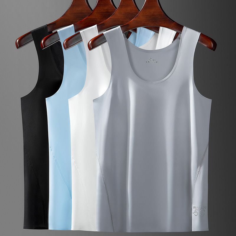 Plastic Film Overlock Vest Men's Summer Thin Seamless Boneless Ice Silk Fitness Sports Tight Slim Pure Color Handsome