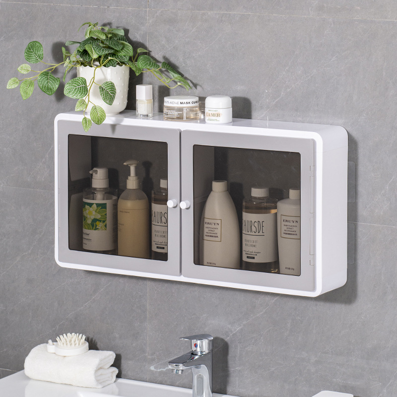 Estante de almacenamiento para el baño, a prueba de polvo e impermeable, sin perforaciones, almacenamiento de maquillaje de plástico, gabinete de almacenamiento para el baño multicapa a prueba de humedad