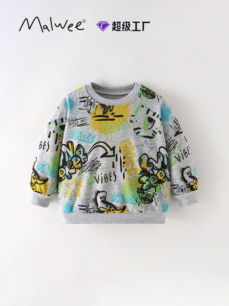 Malwee suéter de otoño e invierno para niños camisa de cuello redondo de estilo occidental de manga larga para niños pequeños y medianos europeos y americanos ropa casual para niños