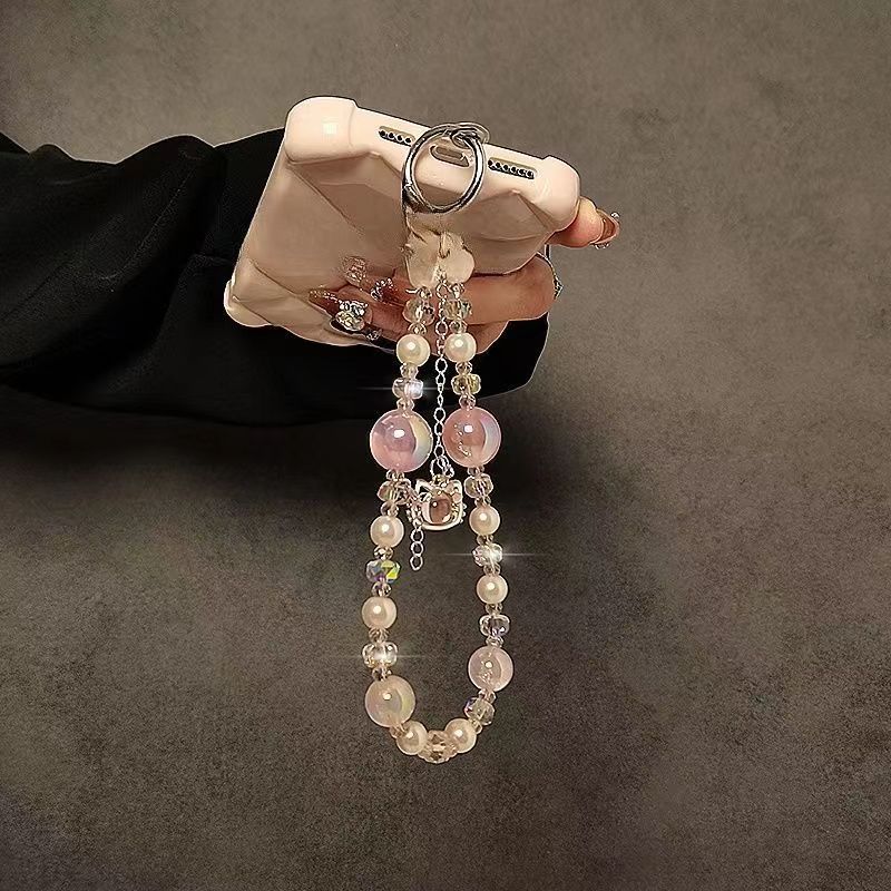 Creativo teléfono móvil colgante colgante gato borla ligero lujo corto hada gas perla cristal cadena portátil cordón de carcasa para teléfono móvil