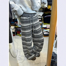重磅针织！慵懒花纹撞色条纹裤百搭高腰阔腿裤