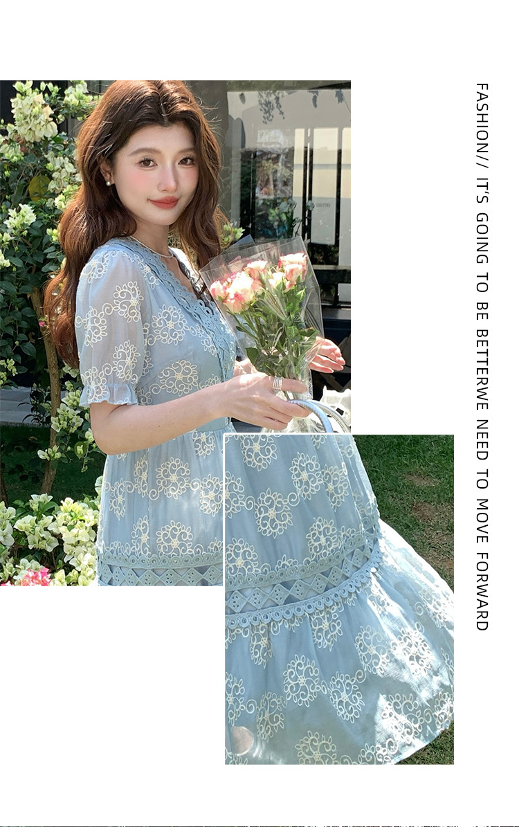 Đầm maxi nữ tay bồng ren hoa V cut-out phong cách Pháp cung đình — xanh lam, màu hồng, màu mơ chi tiết 23