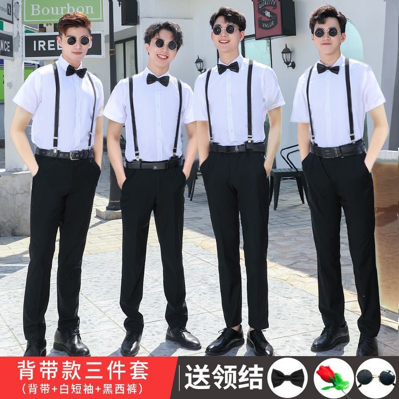 伴郎服兄弟装大码白衬衣长袖衬衫套装夏季男士结婚礼服兄弟团衣服|undefined