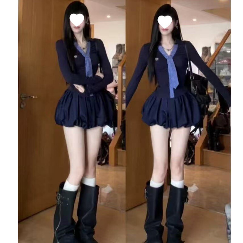 Korean Preppy Style Patterned Tie Long-Sleeved Top Women's New Early Autumn Fluffy Bud Skirt Student Two-Piece Set