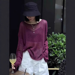 夏のゆるい丸首蚕天糸日焼け止め服女性プルオーバーアイスブラウス長袖tシャツ薄いインナーシャツ