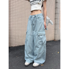 高街多口袋工装牛仔裤女夏季新款宽松休闲垂感阔腿拖地长裤子ins