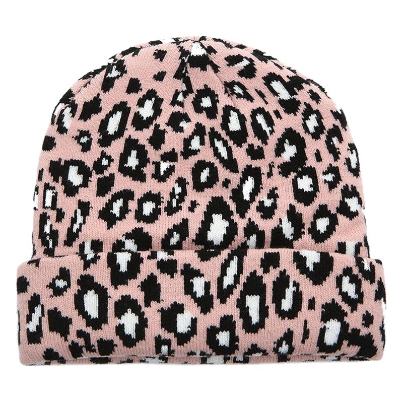 American Retro Leopard Print Knitted Hat, Winter Warm Beanie with Rolled Brim, Versatile, Face-Slimming, Trendy Hat Wholesale