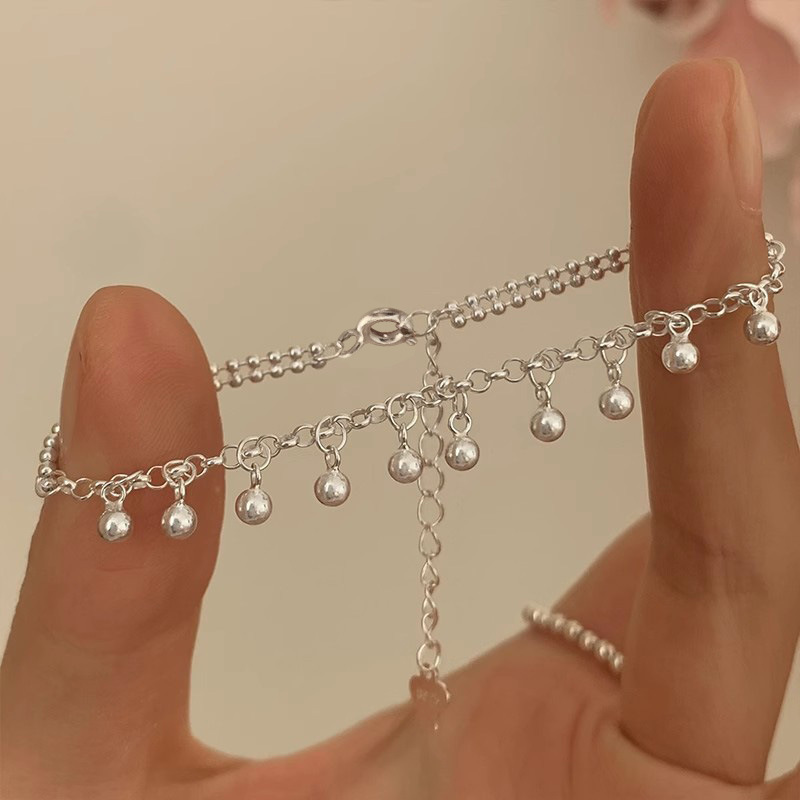 S925 Sterling Silver Round Beaded Tassel Bracelet Women's Ins Niche Design Simple All-match Bean Small Silver Ball Bracelet for Girlfriends