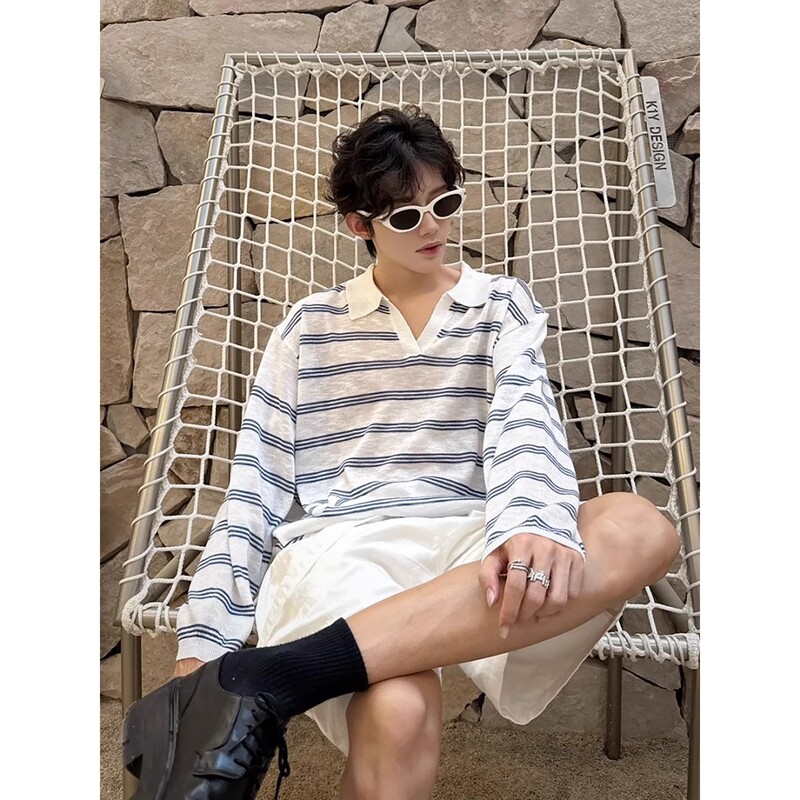 Blue and White Stripesd Ice Silk Mask T-Shirt Long-Sleeved Seagull V-Neck American Polo Shirt Men's Summer Light Sun Protection Blouse Blue and White Stripesd Ice Silk Mask T-Shirt Long-Sleeved Seagull V-Neck American Polo Shirt Men's Summer Light Sun Protection Blouse