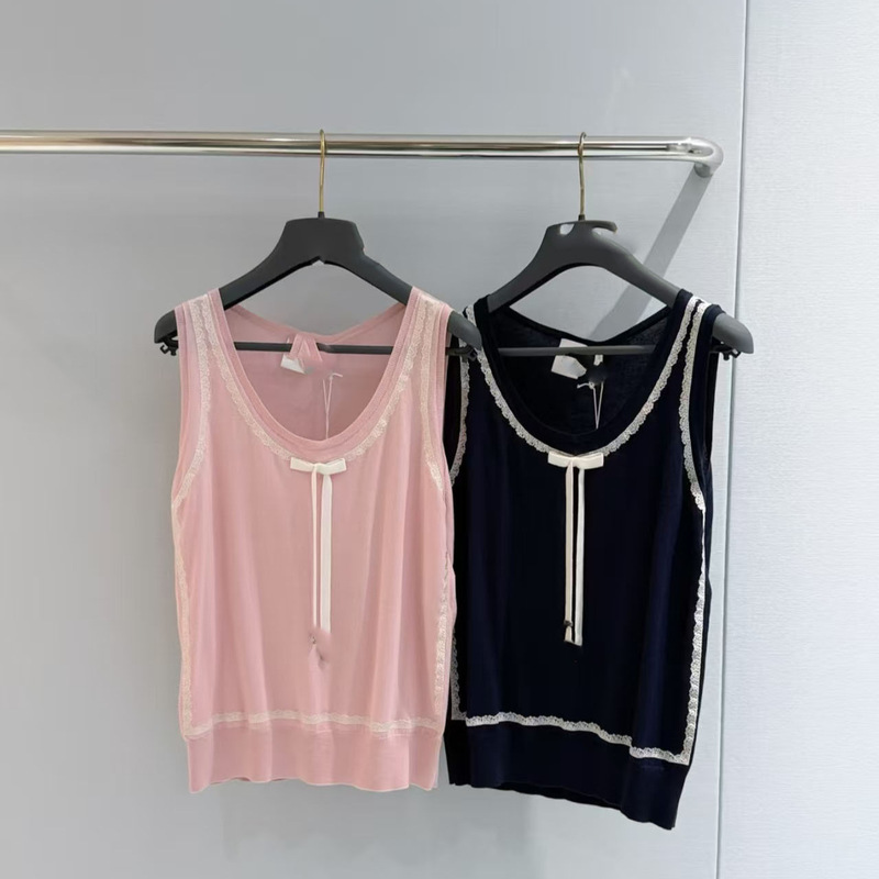 Shenzhen Nanyou High-Quality Version Cd Brand 26 Spring/Summer New Color-Block Lace Round Neck Knitted Vest Top for Women