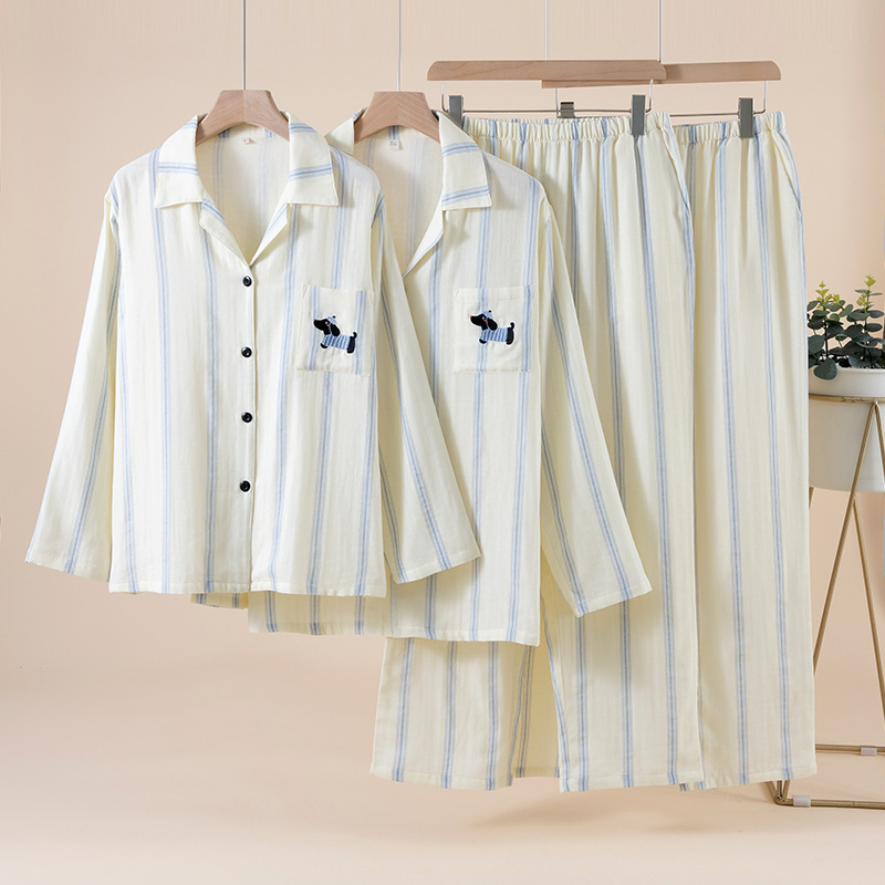 25 Years New Cute Embroidered Cotton Couple Pajamas Striped Thin Can Be Worn Outside Homewear