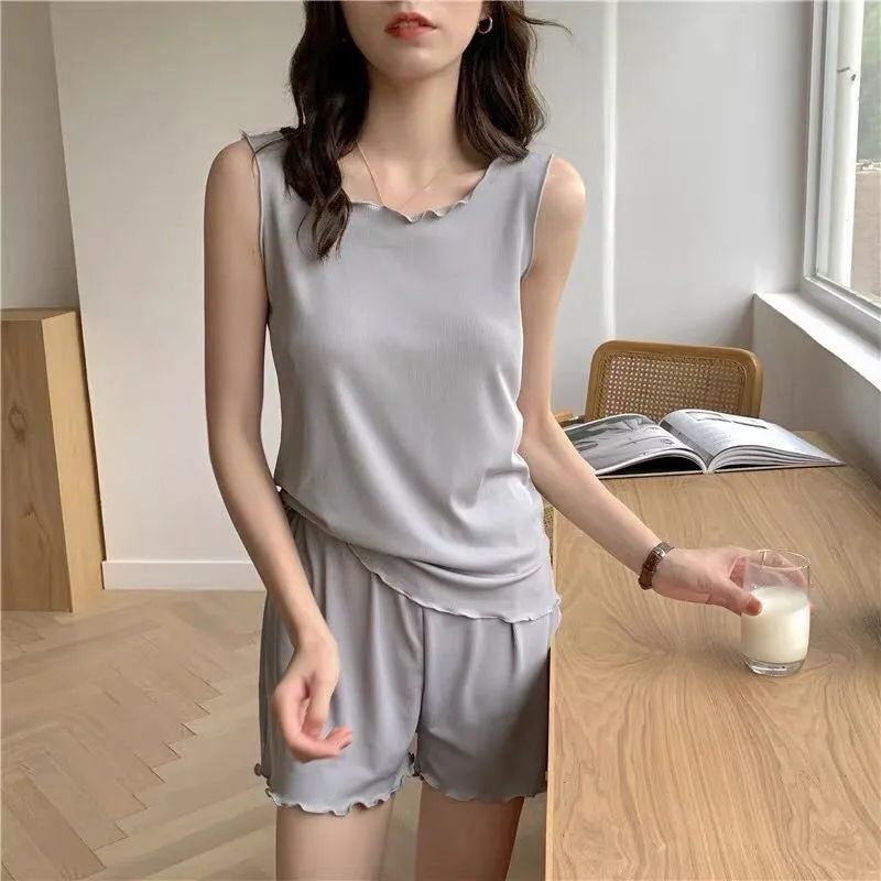 Extra Large Size Fat mm Elastic Ice Silk Pajamas Women's Summer Sleeveless Vest Suit Casual Loose Breathable Home Clothes