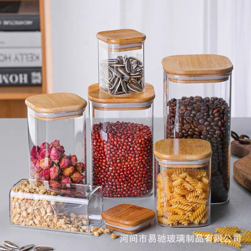 vidrio bambú cubierta sellado tanque de almacenamiento de condimentos de granos gruesos frutas secas té granos de café tanque de almacenamiento sellado a prueba de humedad