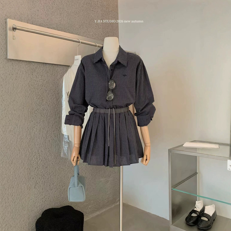 Y.JIA Korean women's back-to-school design plaid shirt top + elastic waist drawstring skirt set YS6-8098 Y.JIA Korean women's back-to-school design plaid shirt top + elastic waist drawstring skirt set YS6-8098