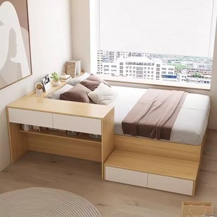 Bed and desk integrated small apartment space-saving 1 meter 2 single tatami with multi-functional plate storage bed