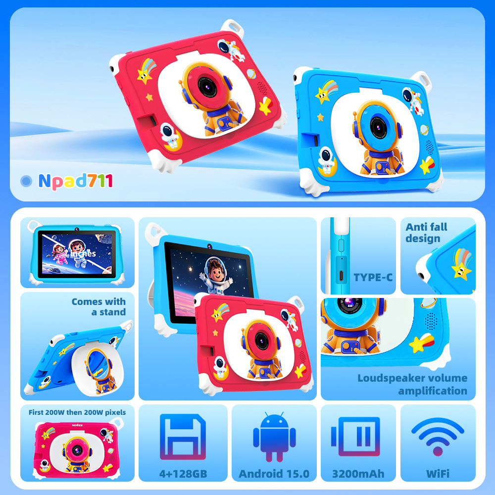 Npad711 Kids Tablet - 7" IPS Screen, Dual Camera, 32GB Storage, Android Learning Tablet With Bluetooth & Gravity Sensor, 9+ Hours Battery Life_voghion.com