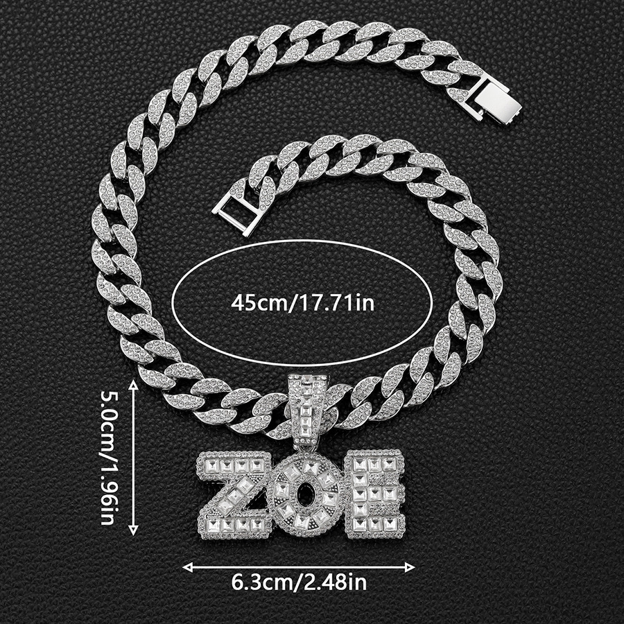 Men's T-square glass diamond letter ZOE INS personalized trendy hip-hop pendant accessory Cuban necklace_voghion.com