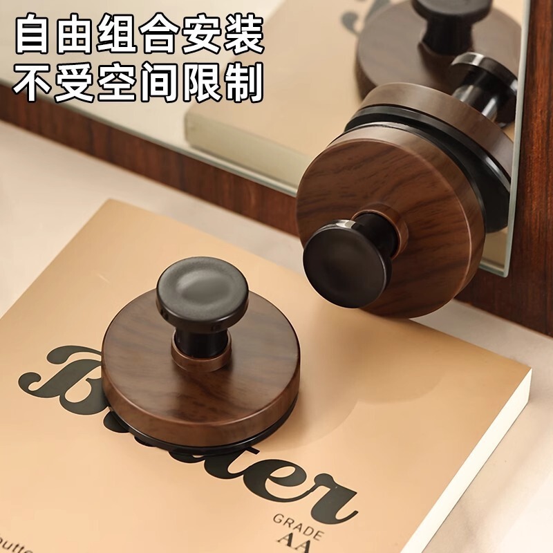 胡桃木纹吸盘旋转挂钩家用中式风无痕粘贴门后挂衣钩厨房浴室挂架|undefined
