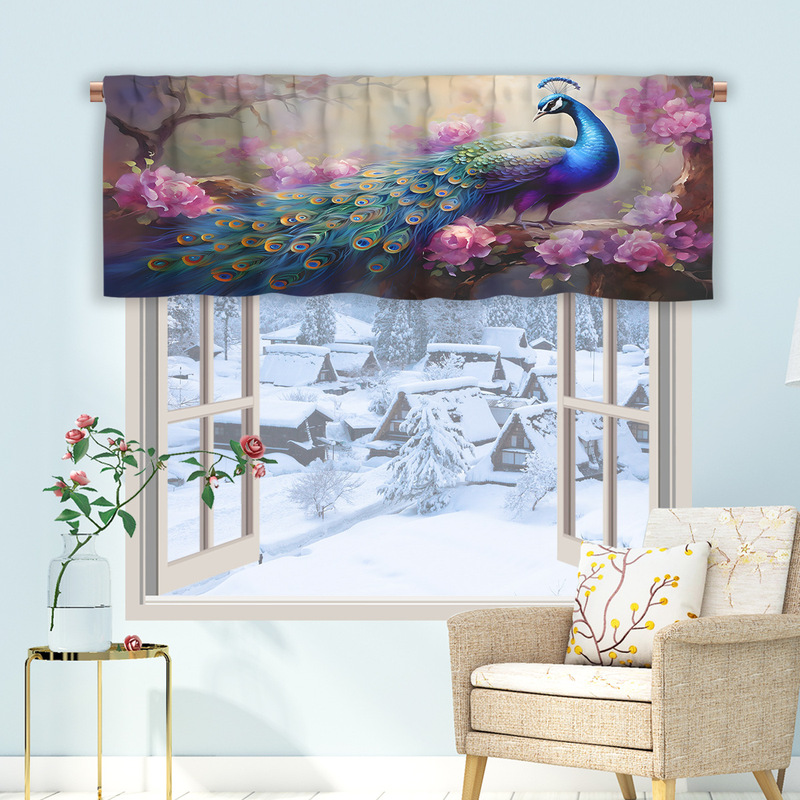 Modern minimalist peacock pattern kitchen curtain half curtain cross-border Christmas small window decoration polyester cotton new factory hot
