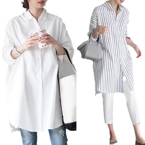 Khaki 2024 Spring Korean Style Loose Long-Sleeve Medium-Length Casual Women's Shirt Versatile Blouse Plus Size Women