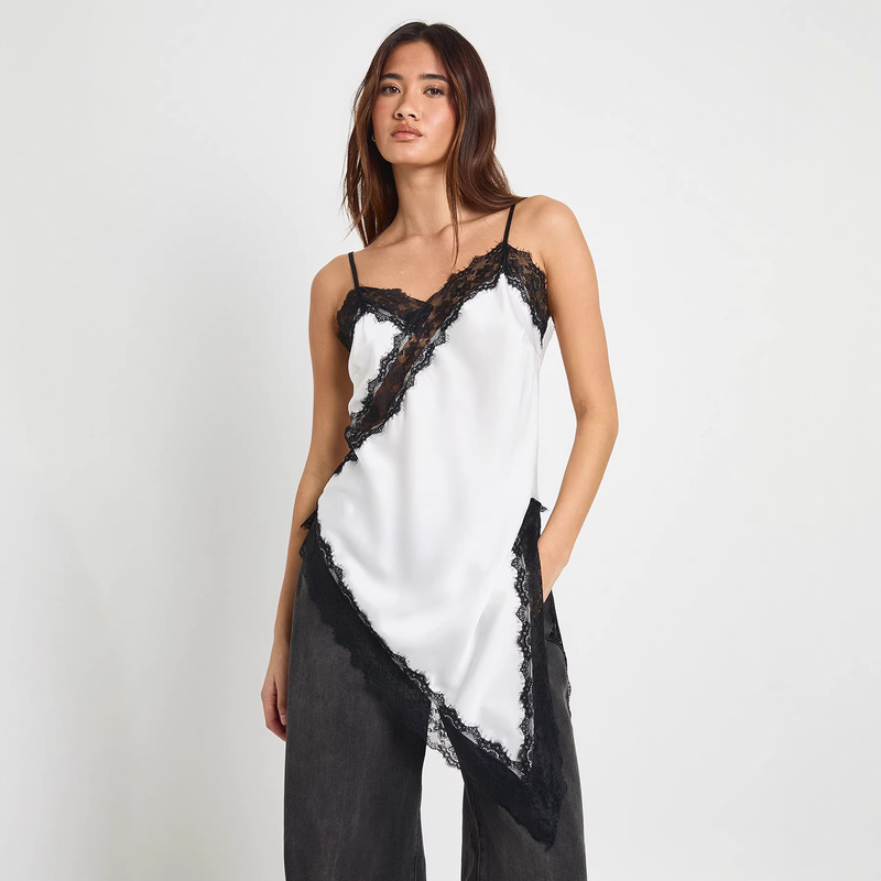 American-Style Sexy Lace Dress for Women, Summer Patchwork Irregular Hem Silky Satin Long Strap Dress American-Style Sexy Lace Dress for Women, Summer Patchwork Irregular Hem Silky Satin Long Strap Dress