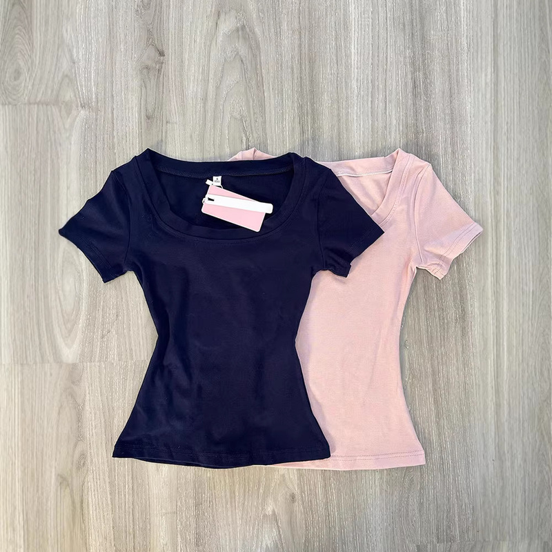 Dark Blue Straight-Shoulder Short-Sleeve Women's Summer Pure Cotton T-Shirt, New Slim-Fit U-Neck Top, Slimming Casual Summer Korean Style Outfit