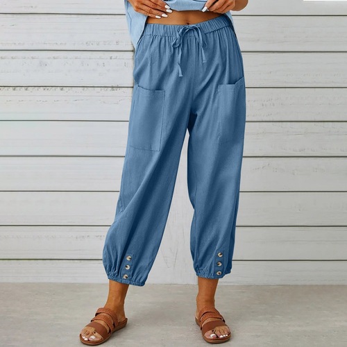 2025 European and American Amazon Wish Loose High-Waisted Buttoned Cotton Linen Pants Short Length Wide Leg Women's Pants