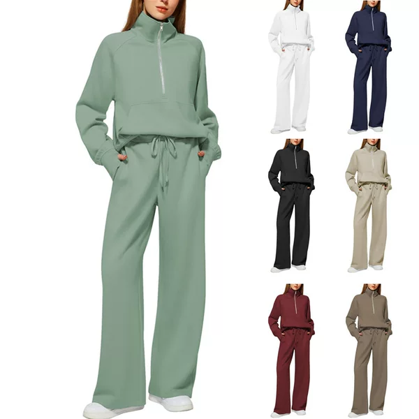 2025 European and American Amazon European and American Style Two-Piece Oversized Half-Zip Sweatshirt Wide-Leg Sweatpants Casual Set