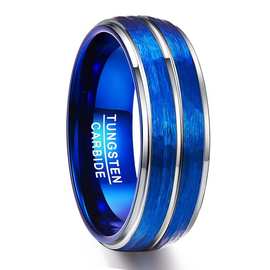 8MM宽2.3MM厚真空电镀蓝色刻面男士钨钢戒指美码7-12码现货一件代