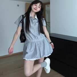 韩系学院风条纹衬衫连衣裙女夏新款高级感小个子收腰a字花苞裙子