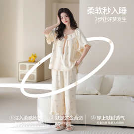 简约休闲带胸垫睡衣女夏季纯棉短袖七分裤薄可外穿甜美风家居服