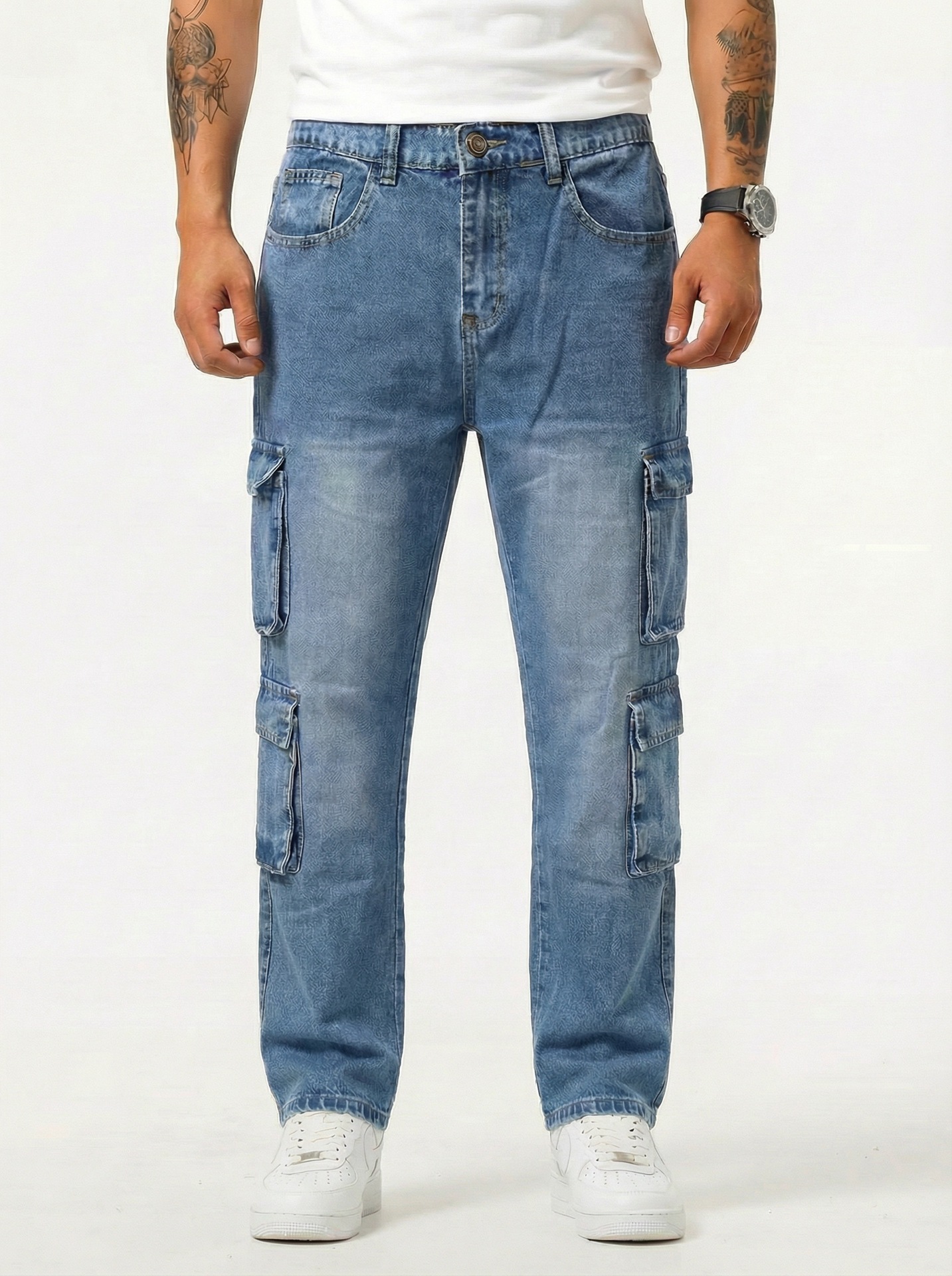 Jean cargo homme coupe droite ample taille haute style rétro_voghion.com